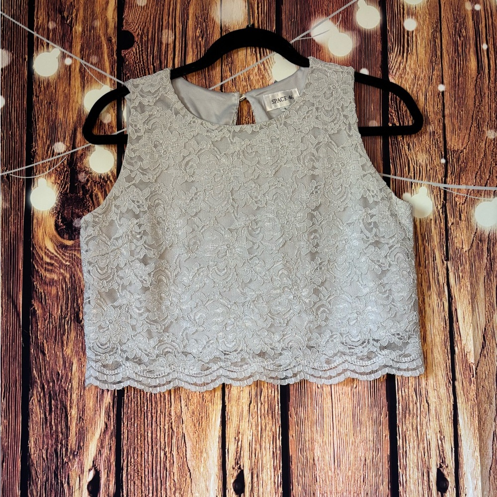 Space 46 Boutique Lace Crop Top 100% Cotton- Light Gray
